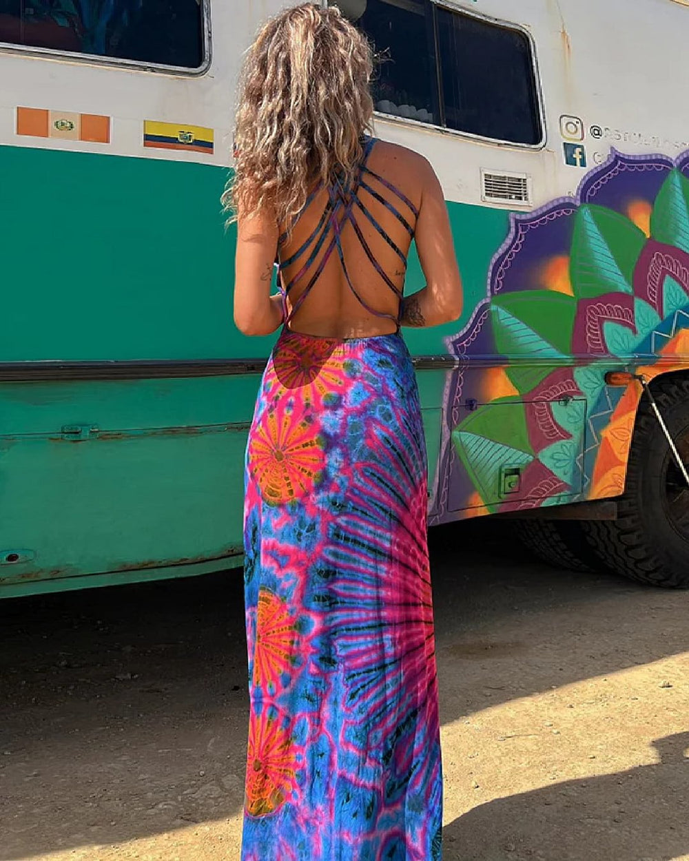 Heidi-Mode | Maxi Kleid mit Kordelzug und Batikdruck