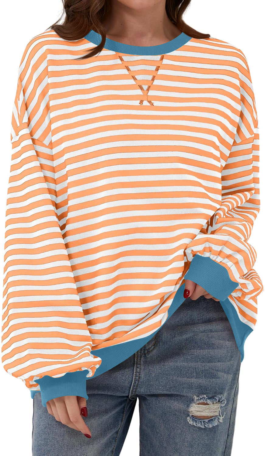 Damen lässiger Oversized Sweatshirt mit bunten Streifen und Kapuzenkordel Heidi-Mode