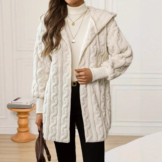 Damen Kuschelige Strickjacke mit Kapuze und Wellenmuster Heidi-Mode