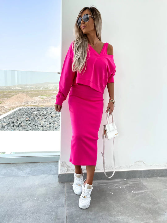 Damen modisches Kleidungsensemble mit asymmetrischem Schnitt und weichem Baumwollmaterial Heidi-Mode