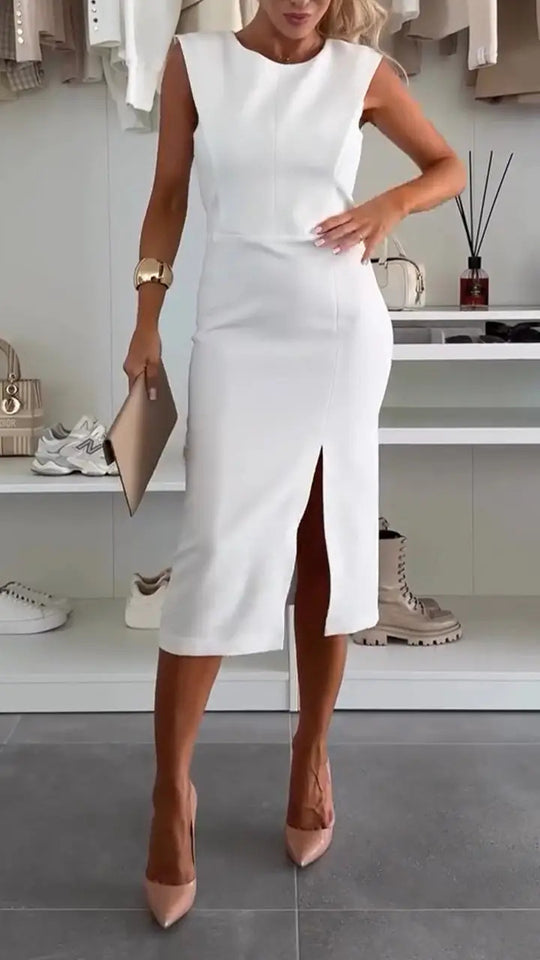 Damen Etuikleid mit asymmetrischem Ausschnitt und elegantem Schlitz Heidi-Mode