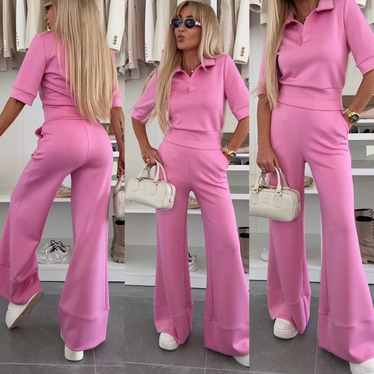 Damen Elegantes Freizeit-Loungewear-Set mit modischem Polo-Oberteil und weit geschnittenen Hosen Heidi-Mode
