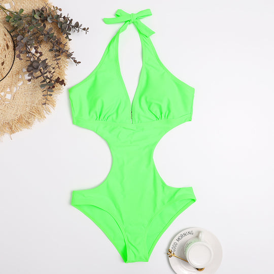 Damen Cut-Out Badeanzug mit verstellbarem Halsband und tiefem V-Ausschnitt Heidi-Mode