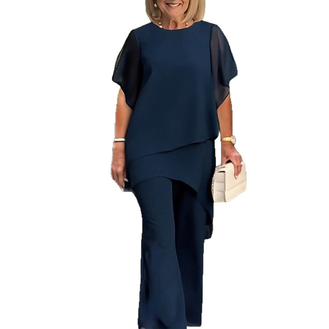 Damen elegantes Ensemble aus fließendem Oberteil und weitem Hose Heidi-Mode