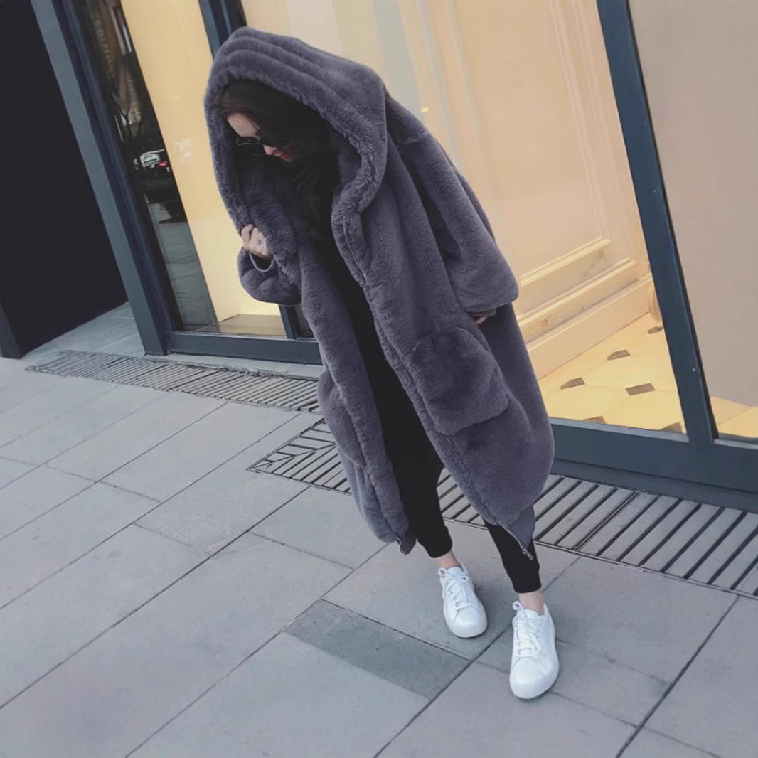 Damen Übergroßer Kunstfellmantel mit Kapuze und Taschen Heidi-Mode