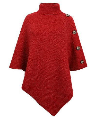 Damen Strick-Poncho mit steigendem Kragen und dekorativen Knopfdetails Heidi-Mode