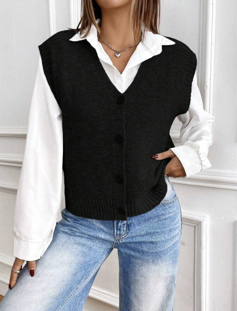 Damen Strickweste mit V-Ausschnitt und modischen Knöpfen Heidi-Mode