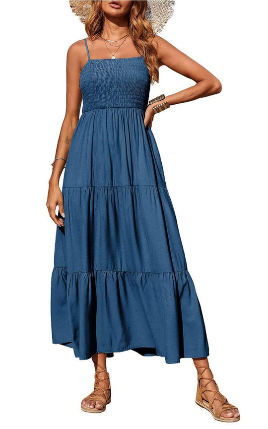 Damen Maxikleid mit verstellbaren Trägern und Rüschen Heidi-Mode
