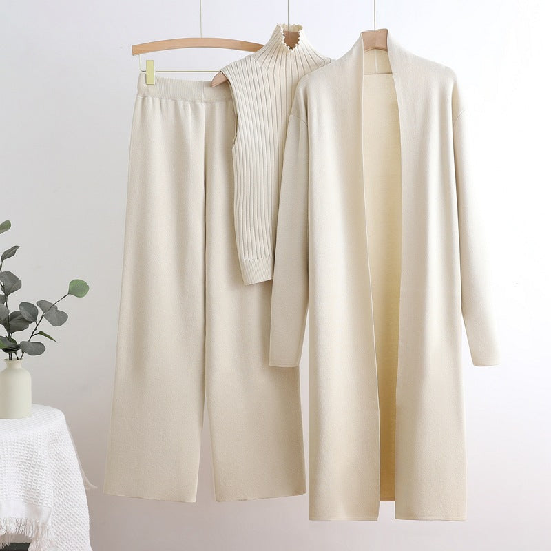 Damen gemütliches Strick-Loungewear-Set mit langem Cardigan und Rippenshirts Heidi-Mode