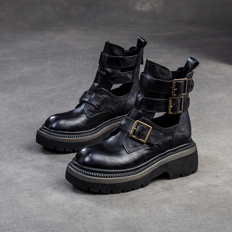 Damen Chunky Biker-Stiefel mit verstellbaren Riemen und robustem Sohlenprofil Heidi-Mode