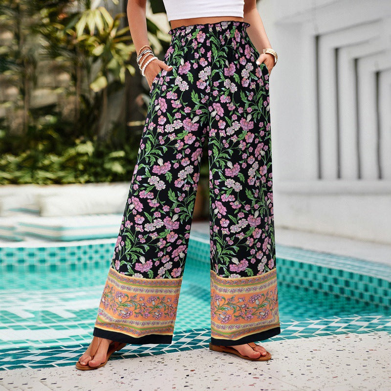 Damen Weitgeschnittene Sommerhose mit floralem Druck und elastischem Bund Heidi-Mode