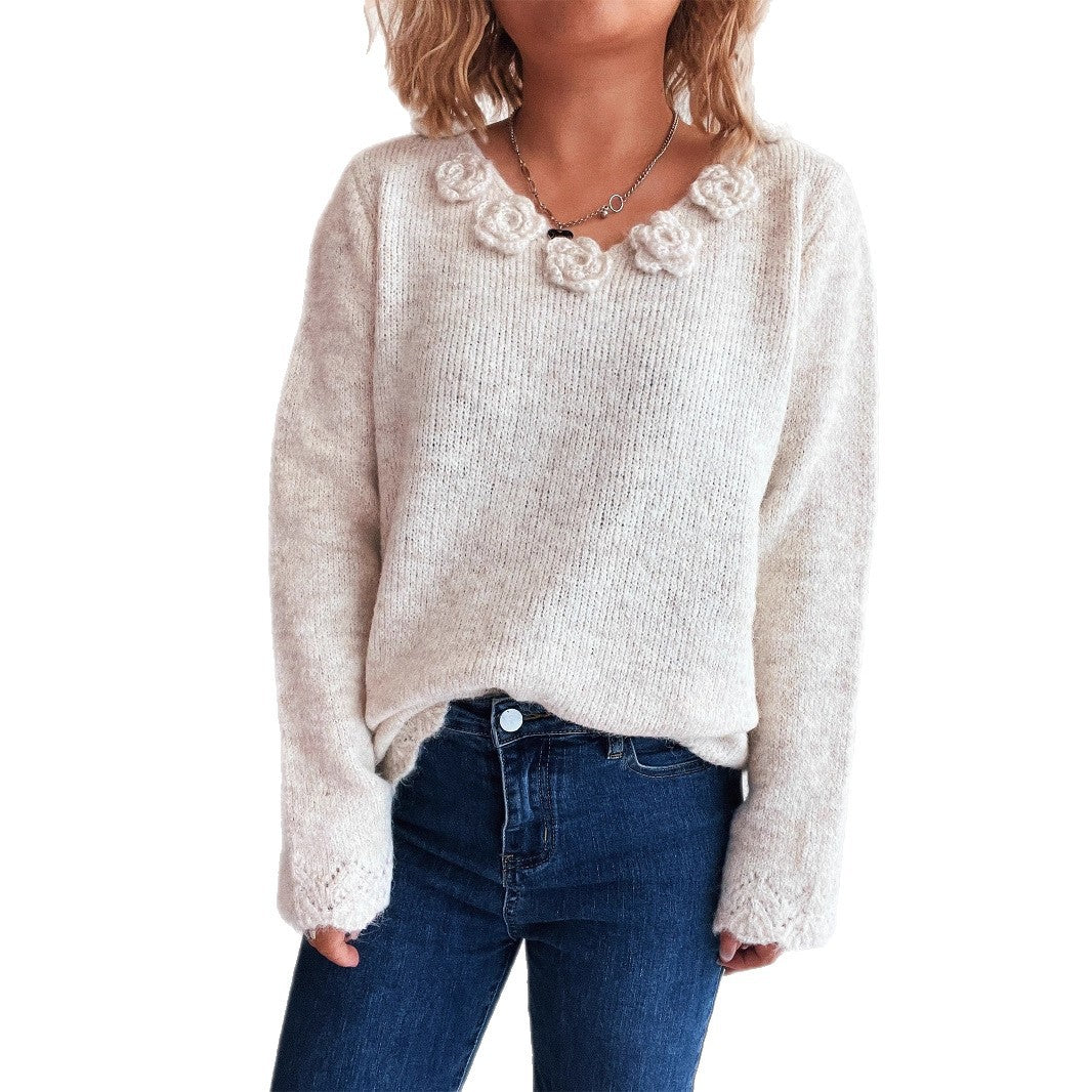 Damen Pullover mit romantischen Rosenapplikationen und weitem Schnitt Heidi-Mode