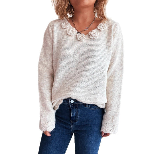 Damen Pullover mit romantischen Rosenapplikationen und weitem Schnitt Heidi-Mode