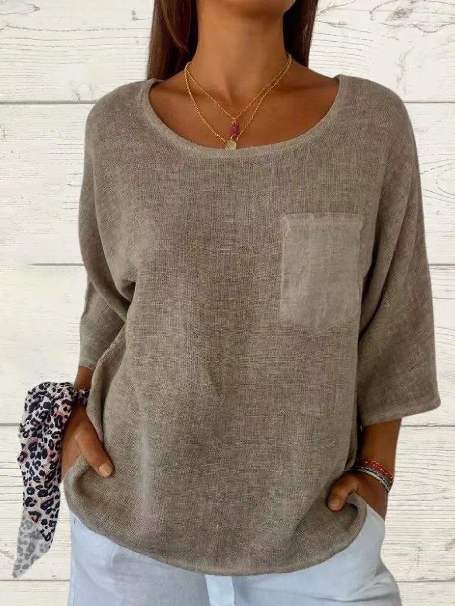 Damen lässiges Leinen-Oberteil mit lockerer Passform und Brusttasche Heidi-Mode