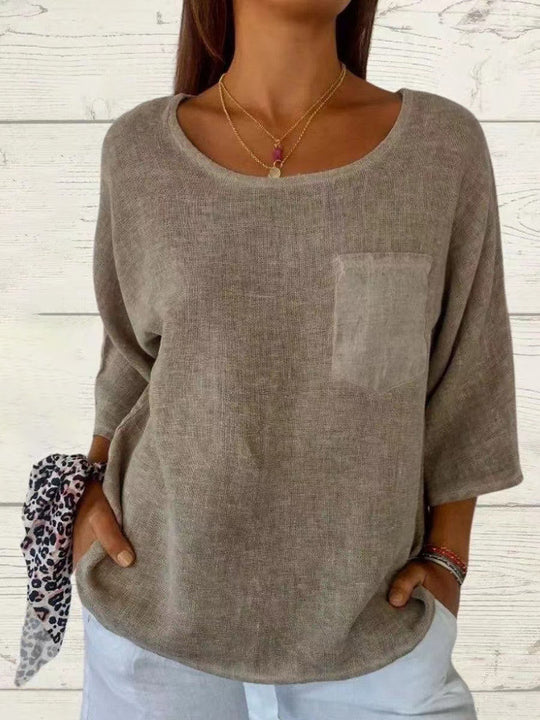 Damen lässiges Leinen-Oberteil mit lockerer Passform und Brusttasche Heidi-Mode