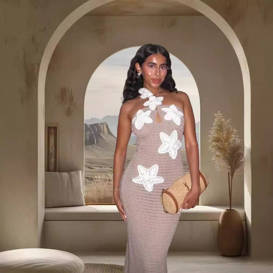 Damen Elegantes Maxikleid mit floralem Häkel-Design Heidi-Mode