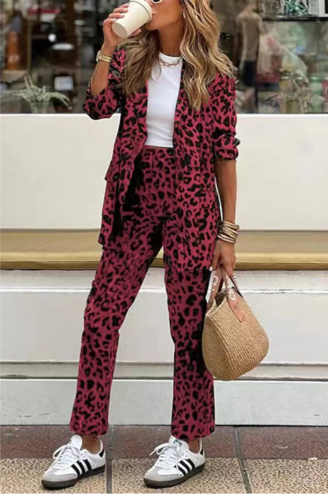 Damen elegantes Leinenanzug-Set im Leopardenmuster mit tailliertem Blazer und geraden Hose Heidi-Mode