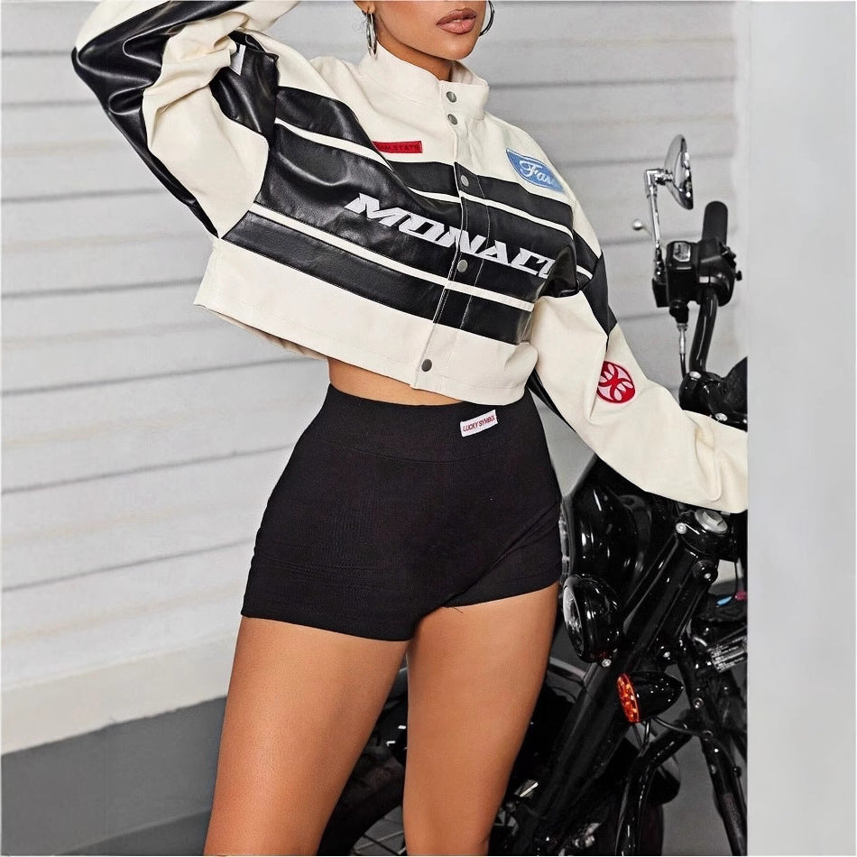 Damen cropped Bikerjacke mit sportiven Branding-Elementen Heidi-Mode