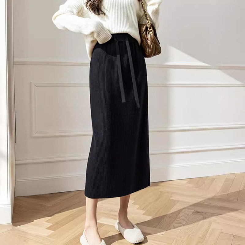 Damen Midi-Rock mit Taillenschnürung und geripptem Design Heidi-Mode