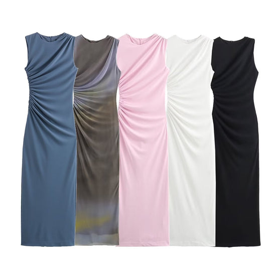 Heidi-Mode | Einfarbiges Rundhalsausschnitt Ärmelloses Faltendes Slim Fit Kleid