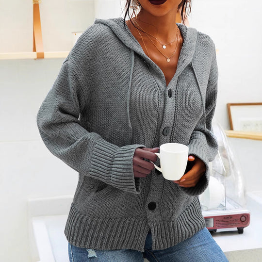Damen Strickjacke mit Kapuze und knöpfen im lässigen Stil Heidi-Mode