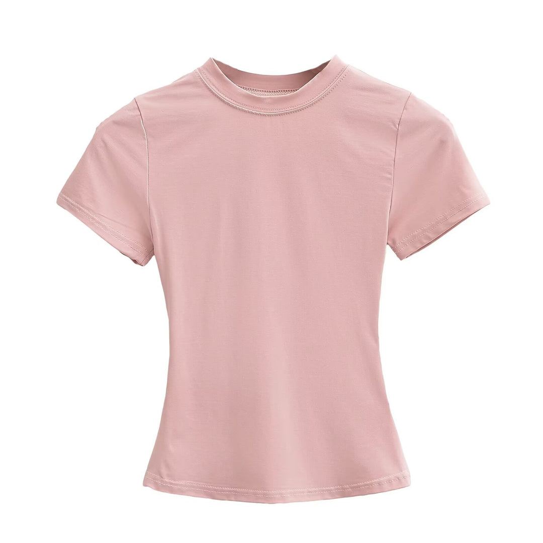 Damen Kurzarm T-Shirt mit hochgeschlossenem Kragen und figurbetontem Schnitt Heidi-Mode