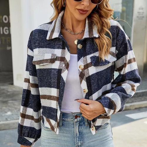 Damen Karierte Utility-Jacke mit voluminösen Ärmeln und Knopfleiste Heidi-Mode