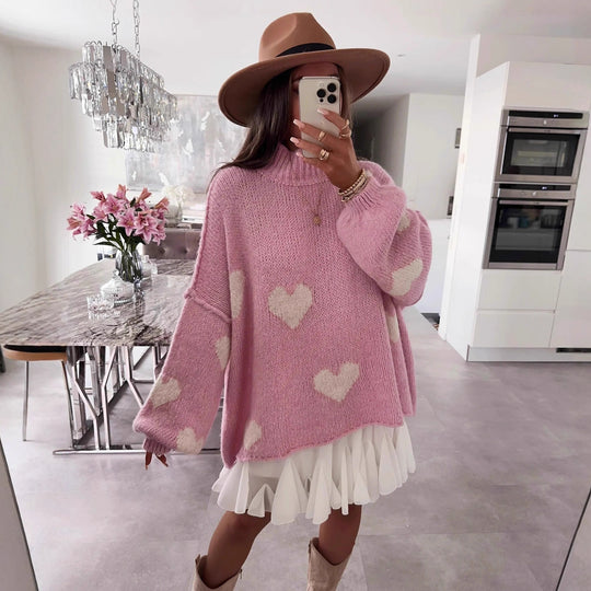 Damen grob gestrickter Pullover mit Herzmotiven und lässigem Schnitt Heidi-Mode