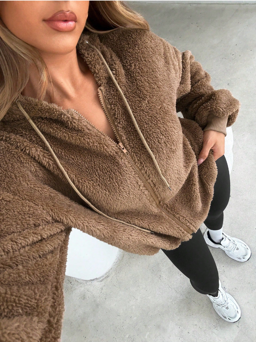 Damen Kuschelige Fleece-Jacke mit Känguru-Tasche und Kapuze Heidi-Mode