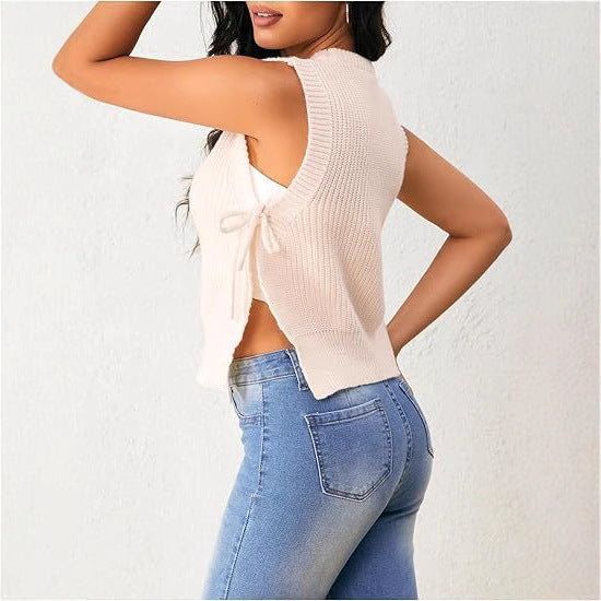 Damen ärmelloses Strickoberteil mit großzügigem Schnitt und gebundenem Detail Heidi-Mode