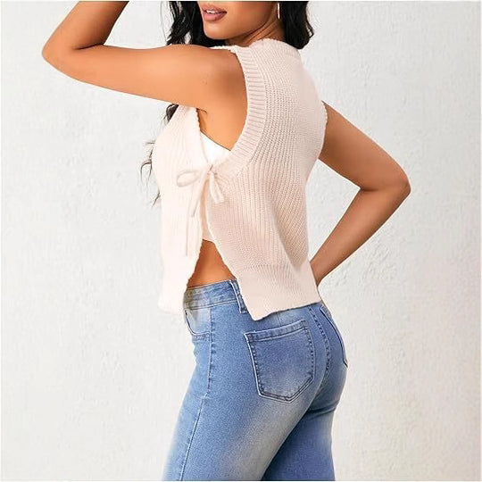 Damen ärmelloses Strickoberteil mit großzügigem Schnitt und gebundenem Detail Heidi-Mode