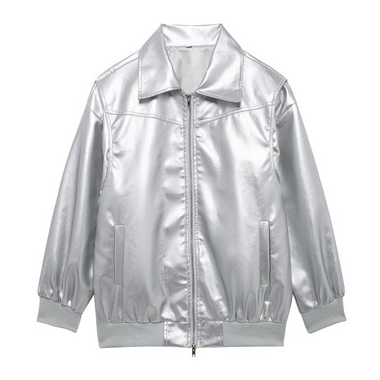 Damen Elegante Kunstlederjacke mit hochstehendem Kragen und elastischen Bündchen Heidi-Mode