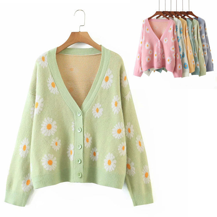 Damen Strickjacke mit Blumenmuster und V-Ausschnitt Heidi-Mode
