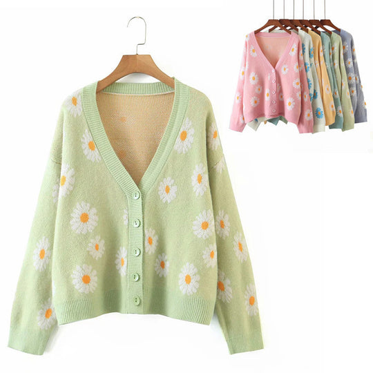Damen Strickjacke mit Blumenmuster und V-Ausschnitt Heidi-Mode
