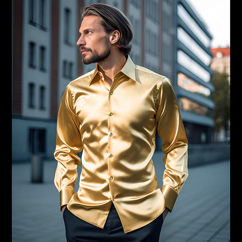 Herren Hemd aus glänzendem Satin mit modernem Kragen Heidi-Mode