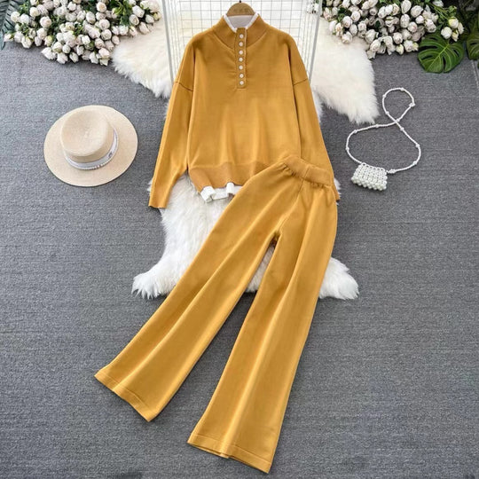 Damen Loungewear-Set mit hoher Rippstruktur und Knopfdetaillierung Heidi-Mode