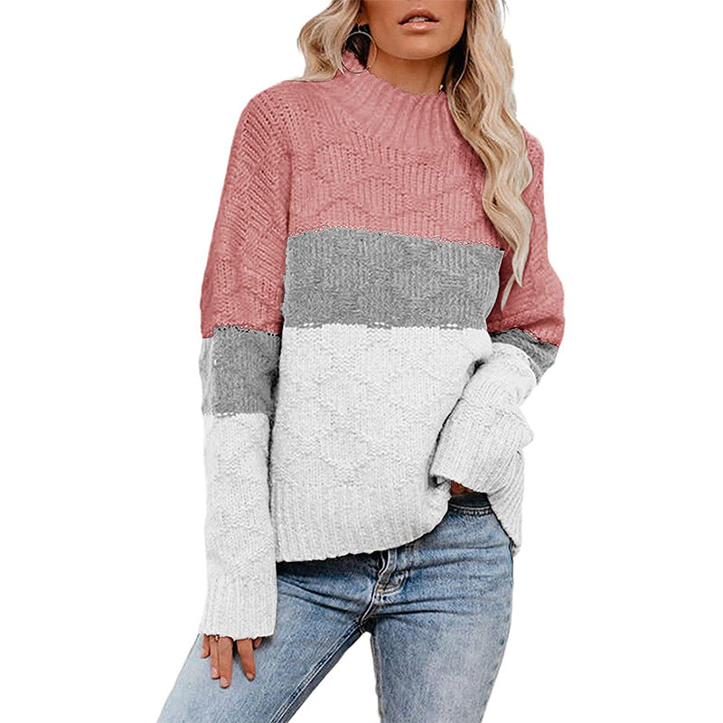 Damen farbenfroher Strickpullover mit strukturiertem Muster und hohem Kragen Heidi-Mode