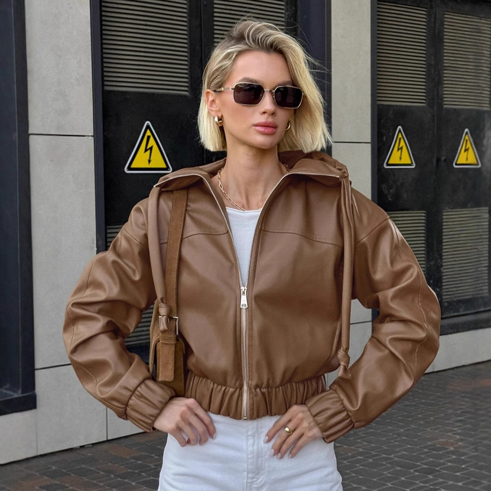 Damen cropped Kunstlederjacke mit kontrastierenden Details und elastischem Bund Heidi-Mode
