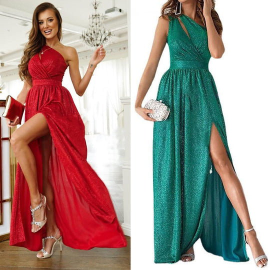Damen elegantes Abendkleid mit asymmetrischem Ausschnitt und Seitenschlitz Heidi-Mode