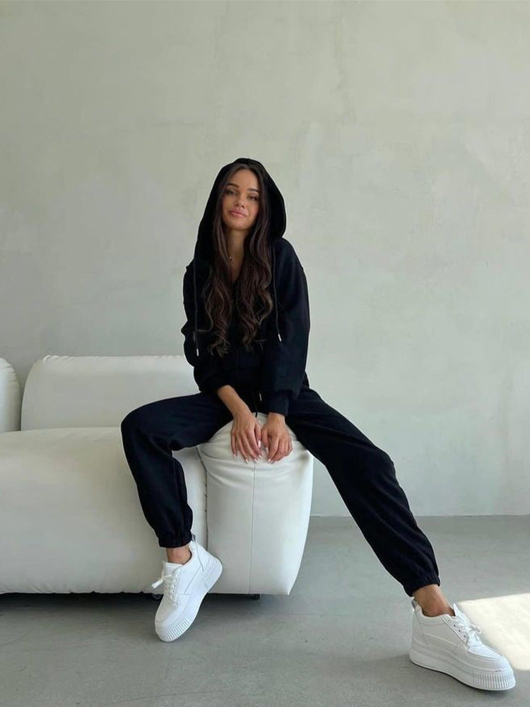 Damen sportliches Fleece-Jogginganzug mit praktischer Kapuze und elastischem Bund Heidi-Mode