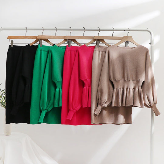 Damen elegantes Strickensemble mit Raffung und Ballonärmeln Heidi-Mode