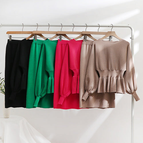Damen elegantes Strickensemble mit Raffung und Ballonärmeln Heidi-Mode