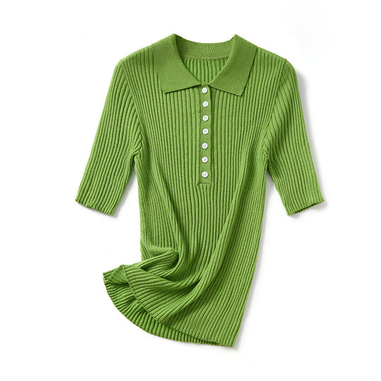 Damen Ripp Kurzarm Polo Shirt Heidi-Mode
