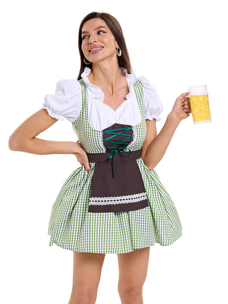 Damen Trachtenkleid im modernen Latzdesign mit nostalgischen Karomustern und verspieltem Schürzenakzent Heidi