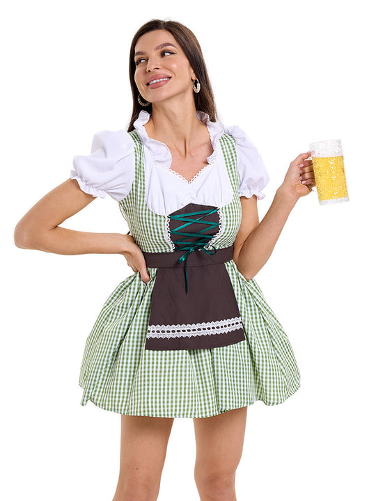 Damen Trachtenkleid im modernen Latzdesign mit nostalgischen Karomustern und verspieltem Schürzenakzent Heidi