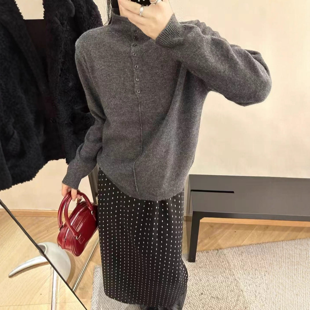 Damen Hochgeschlossener Strickpullover mit Knopfdetails Heidi-Mode