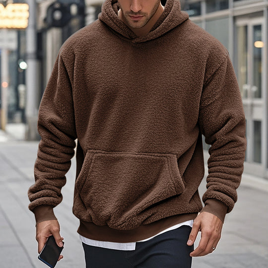 Herren Hoodie aus kuscheligem Teddy-Fleece mit Kängurutasche und breiten Bündchen Heidi-Mode