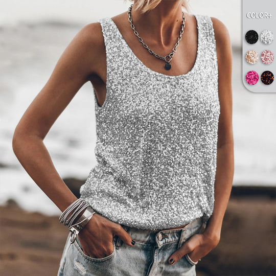 Damen Glitzerndes Top mit tiefem Rundhalsausschnitt und leichter A-Linie Heidi-Mode