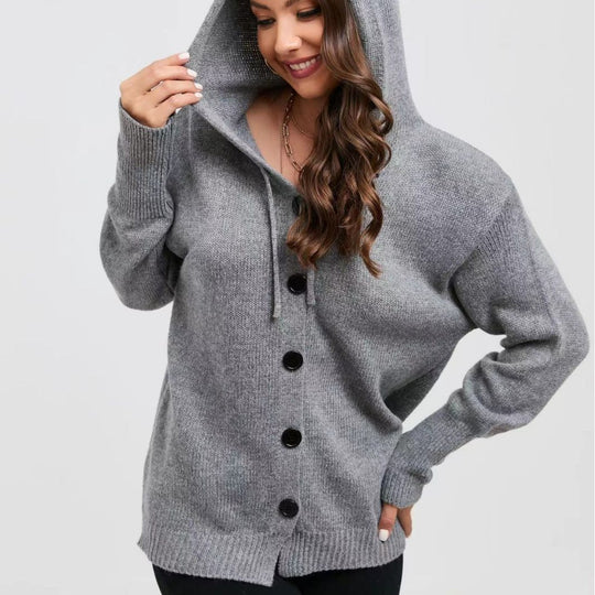 Damen lässige Strickjacke mit Kapuze und Knopfverschluss Heidi-Mode