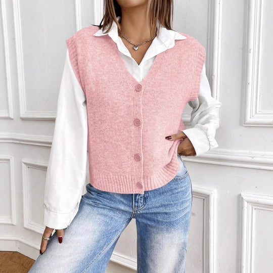 Damen Strickweste mit V-Ausschnitt und modischen Knöpfen Heidi-Mode